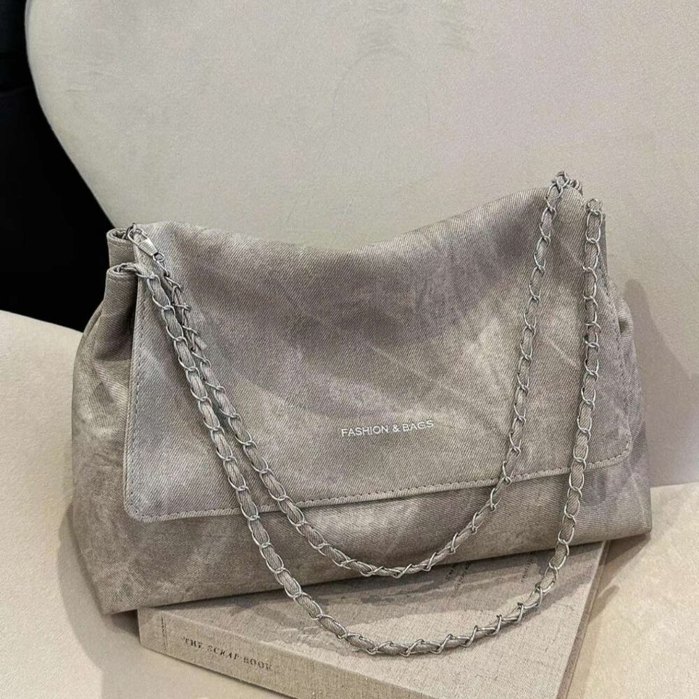Brand New Slick Grey Flap Shoulder Bag with Silver Chain Straps